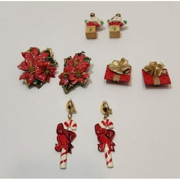Vtg Christmas Clip On Earrings - Poinsettias, Santa Jack in the Box, Candy Canes - Picture 1 of 7